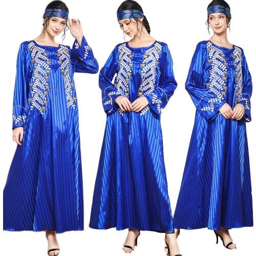 Blue Abaya Women Embroidery Long Maxi Dress Fashion Muslim Kaftan Islamic Clothing Jilbab Party Gown Robe Ramadan Abayas Caftan