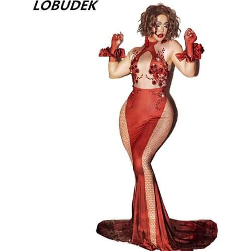 Fashion Stretch Skinny Red Rhinestones Floor-length Mermaid Dress Women Birthday Prom Evening Party Wedding Trailing Long Dress