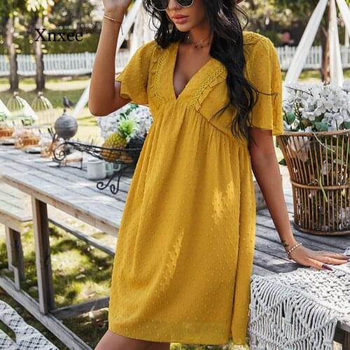 Summer Womens Boho Style 2021 Casual V-Neck A-Line Drawstring Mini Party Dress for Women Elegant Holiday Beach Dress Costume