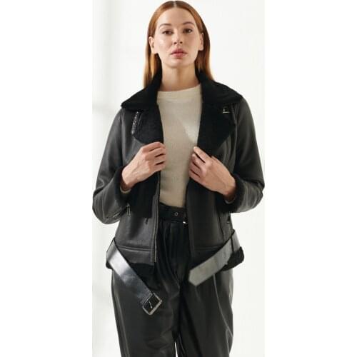 Winter Woolen Leather Jacket for Women, warm outerwear, genuine sheepskin and Handmade Wool Coats, Warm Clothing from Turkey