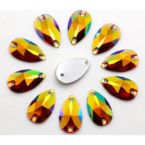 10.5*18mm 100pcs Waterdrop Gold red AB Color Silver Base Sew On Rhinestone Sew On Stones buttons for Garment Clothing Decoration