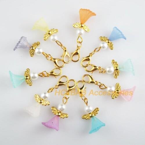 10 New Angel 14x24mm Charms Mixed Flower Acrylic Gold Color Retro With Lobster Claw Clasps