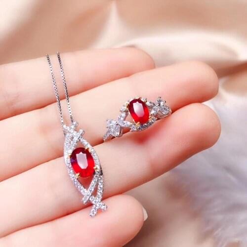 100% Natural Real Ruby Set 925 Sterling Silver,1pc Ruby Ring,1pc Ruby Pendant Party Best Gift