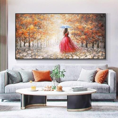 Abstract Girl Weared Red Skirt Waking In The Rain With Umbrella 100% Hand Painted Oil Painting On Canvas Wall Art For Home Decor
