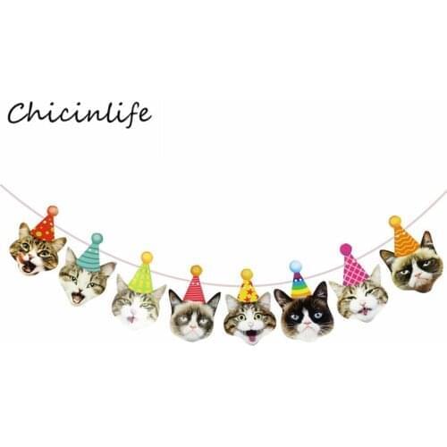 1set Pet Cat flag Bunting Banner Plate Cupcake Topper Cup Happy Birthday Decoration Cat Garland Home Hanging Decor Pet Party