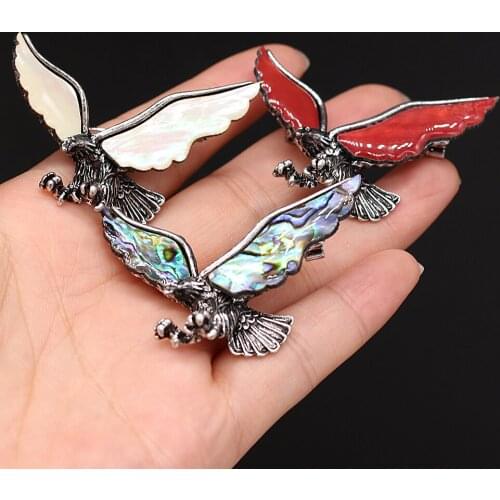 Natural Shell Brooches Eagle Shape Alloy Pins for Girls Wedding Party Dress Coat Accessories Jewelry Gifts 50x35mm