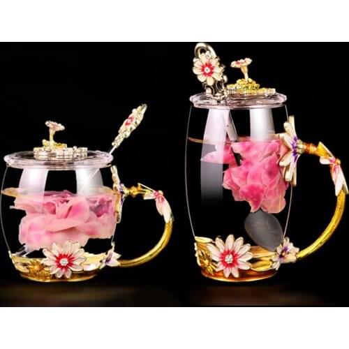 Tea Cup with Spoon Lid Glass Coffee Mug Office Shop Cafe Milk Water Drinkware Birthday Christmas Gift Flower Tea Cup Set
