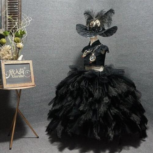 Luxury Feather Black Ruffle Princess Ball Gowns For Girls Birthday Party Black Puffy Girls Celebration Girls Black Gowns Custom