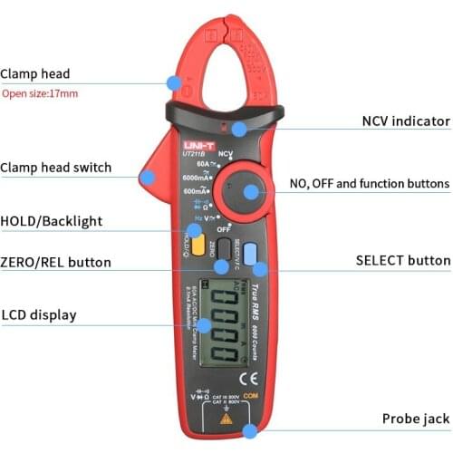 AC/DC 60A Mini Digital Clamp Meters Measurement Tool True RMS Ammeter V.F.C. NCV Resistance Capacitance Test LCD BacklightAC/DC