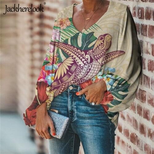 Jackherelook New Women Casual Chiffon Blouses Polynesian Tribal Hawaii Turtle Hibiscus Plumeria Brand Design Top Shirt Plus Size