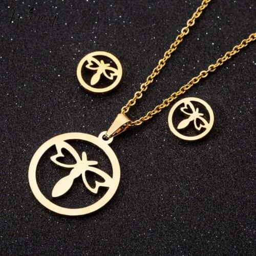 Jisensp New Fashion Round Dragonfly Stainless Steel Jewelry Sets Lovely Insect Chokers Neckalce Earrings for Women Party Gift