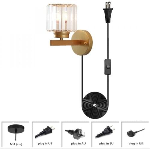 Indoor Crystal Golden Wall Sconce Plug In, Wall Mounted Light Fixture for Living Room/ Bathroom Vanity Clear Glass Wall Lighting