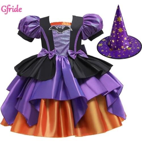 Halloween Toddler Kids Baby Girls Scary Witch Costume Dress With Hat Party Dresses sets Outfit Puff Short Sleeve Clothing 2-10Yr