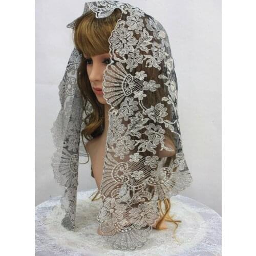 Silver Metallic Embroidery Lace Mantilla ,Catholic Church Lace Veil