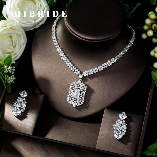 HIBRIDE Sparkling White Stone Cubic Zircon Jewelry Set Long Pendanties Drop Earring Necklace Set Dress Accessories Bijoux N-1015