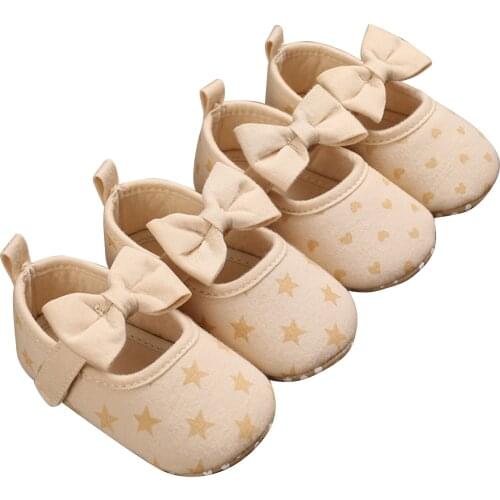 Newborn Baby Girls Princess Mary Jane Flats Lovely Star/Heart Print Shoes with Bowknot Anti-Slip Toddler First Walkers Trainers