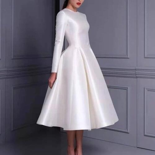2021 Short Tea Length O-Neck Taffeta Wedding Dresses with Pockets A-Line White Zipper Back Bridal Gowns for Women Real Photos