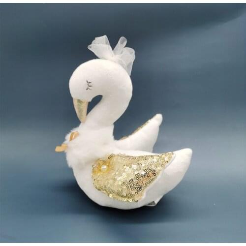 Handmade White Swan Plushies with Golden Sequin Wings Adorable Swan Baby Soft Toy Nursey Room Decoration Swan Bride