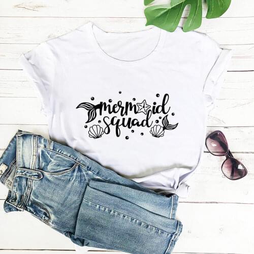 Mermaid Squad Cute Mermaid Shirt New Arrival Women Summer Funny Casual 100%Cotton T-Shirt Beach shirt Mermaid Party Shirts
