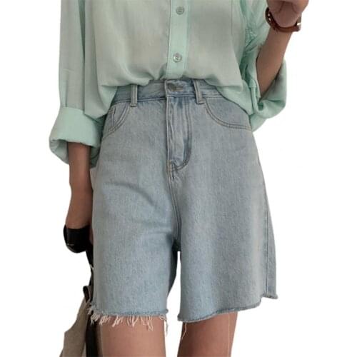Summer Ladies Casual Shorts Solid Color High Waist Loose Burrs Trousers Leg Light Blue Women Denim Shorts vetement femme 2021
