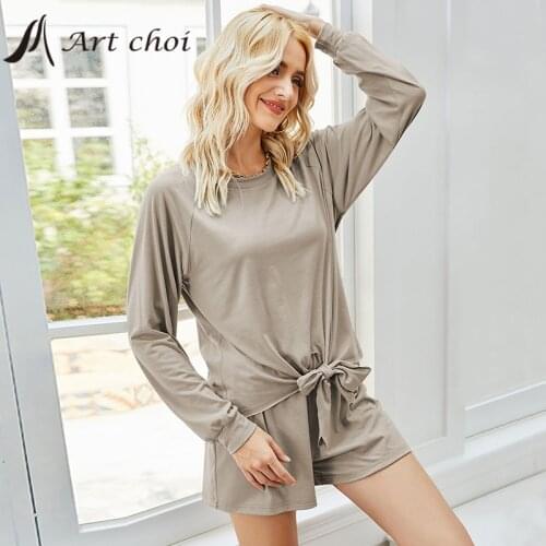 Summer Two Piece Set Tracksuit Casual Outfit Suits 2021 Women Bow T Shirt Tops Shorts Loose Pants Khaki Mujer 2 Piece Sets