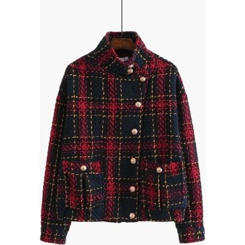 Short Retro Red Plaid Bf Woolen Woven Coat Female 2019 Autumn And Winter Fashion New Woolen Coat Tide H00284