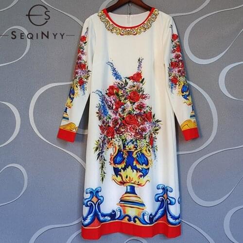 SEQINYY Casual Dress Knee Early Autumn Spring New Fashion Design Women Runway Vintage Flowers Print Straight High Street