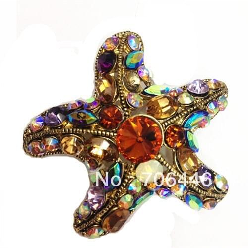 2 Inch Antique Gold Multicolored Gem Stone Starfish Party Pins Women Dress Brooch