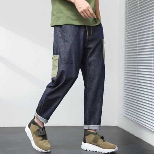 2021 spring and summer classic brand hip-hop high street youth mens straight loose harem pants stretch waist cropped jeans