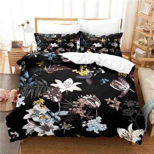 Black Bed Set Queen Size 3D Print Flower King Size Bedding Set Queen Comforter Sets Duvet Cover with Pillowcases 2021