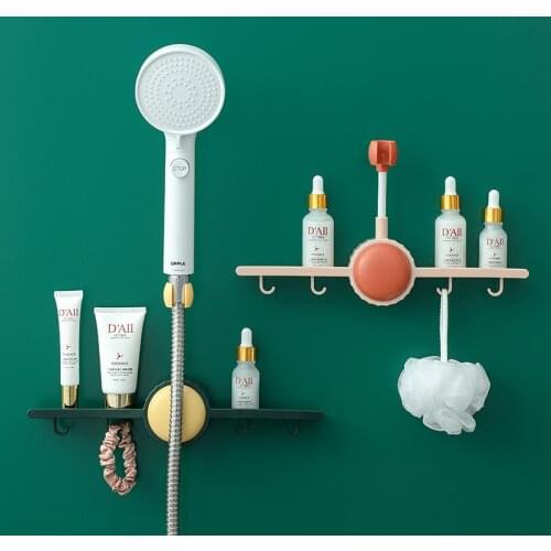 Punch-free Shower Bracket Bathroom Adjustable Shower Head Fixed Base Household Bathroom Shelf with Hook Shampoo Organizer