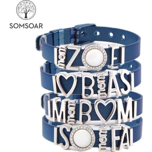 Dropshipping Somsoar Jewelry New Arrival Blue Mesh Bracelet Mom Slide Charm Stainless Steel Bracelet for Mothers Day Gift