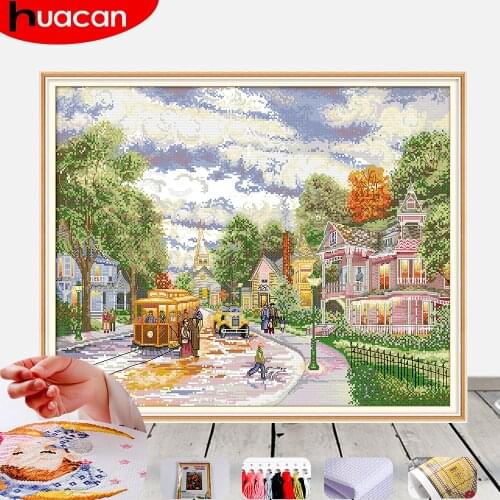 HUACAN Cross Stitch Embroidery Town Scenery Needlework Sets For Full Kits White Canvas DIY Home Decor 14CT