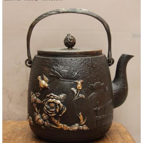 Jepan Technics Iron Silver Gilt Magpie Plum Blossom Water Pot TeaPot Teakettle