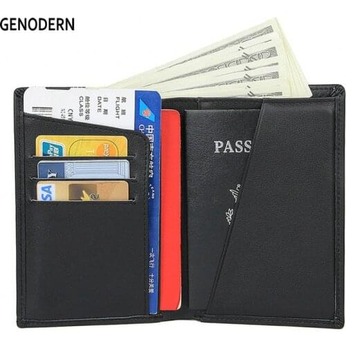 GENODERN RFID Cow Horse Leather Men Wallet with Passport Cover Large Wallet for Men Male Document Orginization Passport Holder