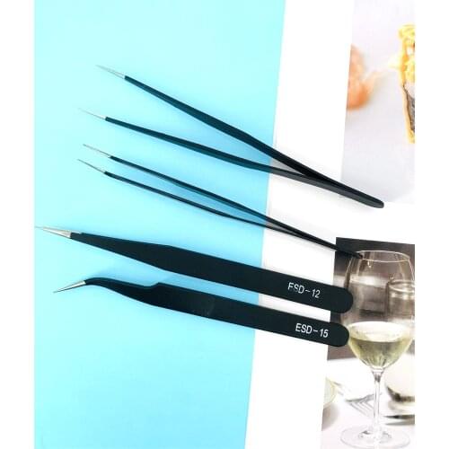 2Pcs Stainless Steel Curved Straight Black Tweezer Nail Art Rhinestones Nipper Picking Tool Sequins Beads