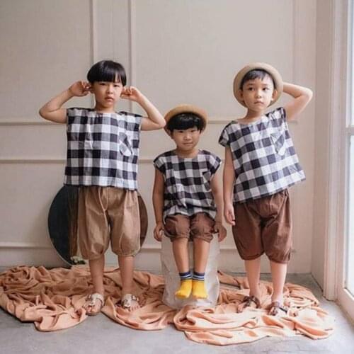 Summer Boys Shirts For Children Korean Kids Linen Clothes Girls Boys Blouse Baby Boy Plaid Shirt Cotton Toddler Girl Blouse Tops