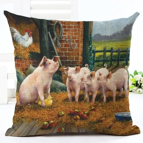 Cute Cartoon Pig Family Printing Cushion Cover Cotton Linen Bear Rabbit Throw Pillow Case For Sofa Horse Tiger Cushion Cover