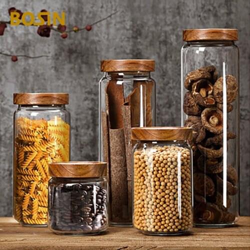 Multigrain Kitchen Glass Food Storage Container With Acacia Wood Lid Household Tea Caddy Coffee Beans Retro Sealed Jar