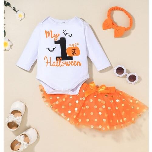 New Baby Girls Halloween Clothes Set Letter Printed Pattern Bodysuit Yarn Skirt and Bow Knot Headdress Outfit
