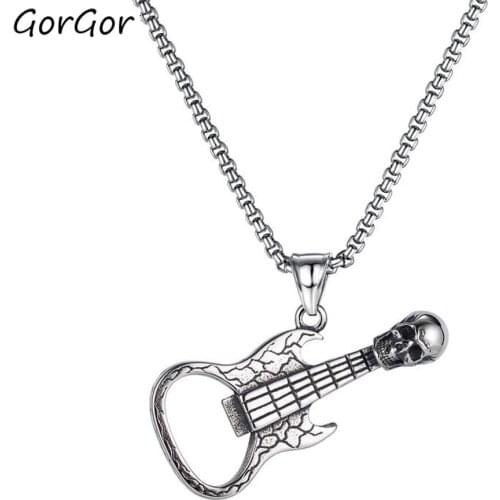GorGor Necklace Men Stainless Steel Pattern Skeleton Guitar Pendant Individuality Vintage Party Popular Accessories TX-1817