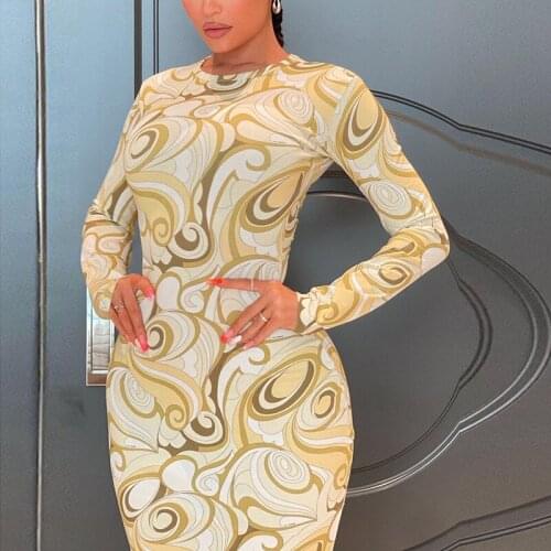 Sexy Printed Long Sleeve Bodycon Dresses for Women 2021 Fall Fashion Kylie Inspired Casual Midi Dress