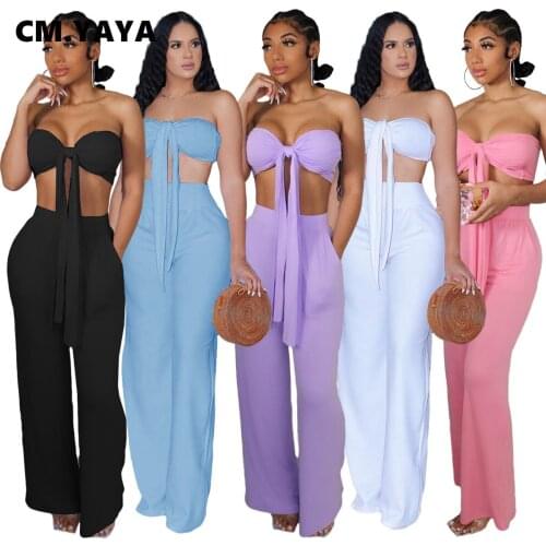 CM.YAYA Street Womens Two 2 Piece Tracksuit Halter Neck Twist Crop Tops and Straight Pants Matching Set Beach Sweatsuit Outfits
