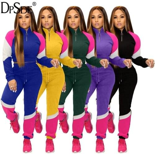DPSDE Sports Clothes Streetwear Zipper 2 Pieces Women Set Winter Stand Collar Casual Top New 2020 Elastic Yellow Bodycon Pants