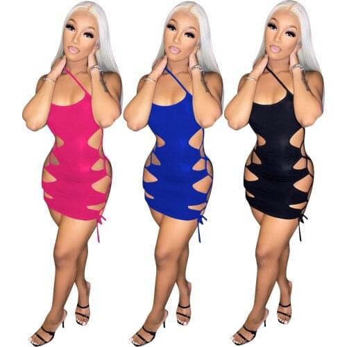 Woman Sleeveless dress Candy Color Hollow out Lace Up Strappy Bodycon Mini dress S-2XL Q777