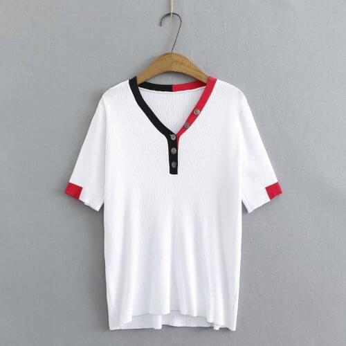 Plus size Contrasting color V-neck short-sleeved ice silk women tshirts 2021 summer casual ladies t shirts female tops t-shirts