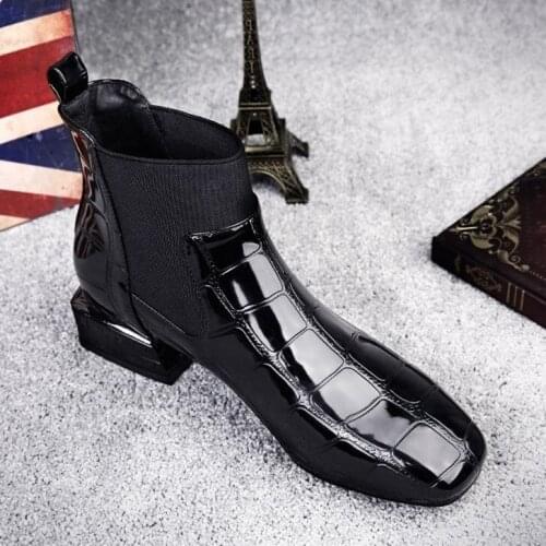 Women Boots Shiny PU Leather Autumn Winter Shoes Woman Spuare Toe Block Heels Peluche Ankle Boots Female Botas Mujer