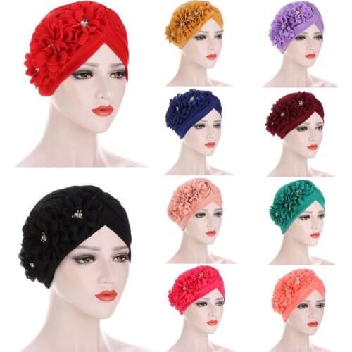 Women Flowers Ruffle Turban Caps Muslim Hijabs Elastic Pearls Headscarf Bonnet Ladies Hair Accessories Indian Cap Turbante Mujer