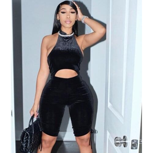 Halter backless sexy junmsuit romper Women velvet black sequined letter print short playsuit Summer party club bodycon overalls