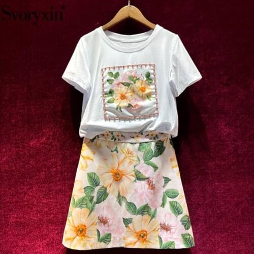 Svoryxiu Runway Fashion Summer Yellow Camellia Print Skirt Suit Womens Elegant Short Sleeve Beaded Tops+ Mini Skirt 2 Piece Set